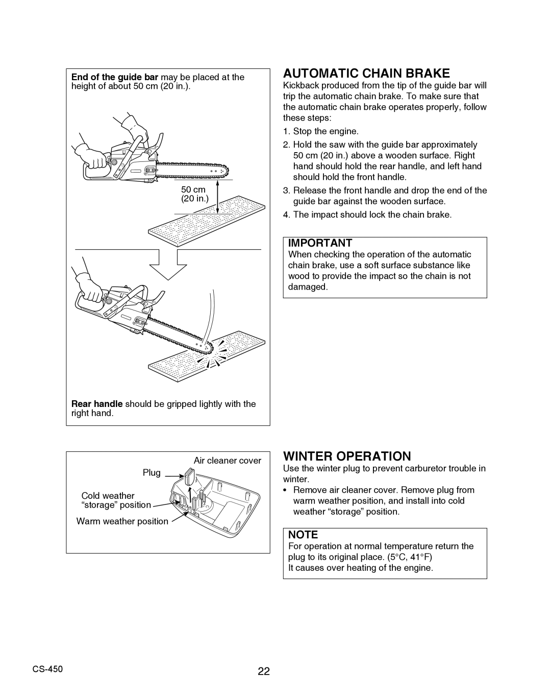 Echo 2CS-450 instruction manual Automatic Chain Brake, Winter Operation 