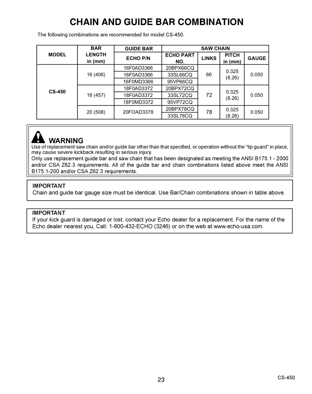 Echo 2CS-450 instruction manual Chain and Guide BAR Combination 