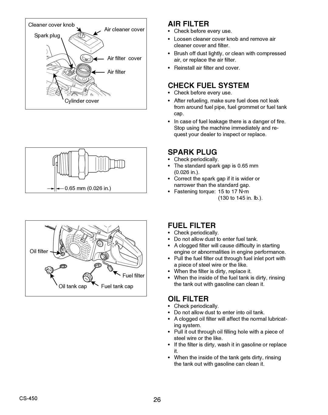 Echo 2CS-450 instruction manual AIR Filter, Check Fuel System, Spark Plug, Fuel Filter, OIL Filter 