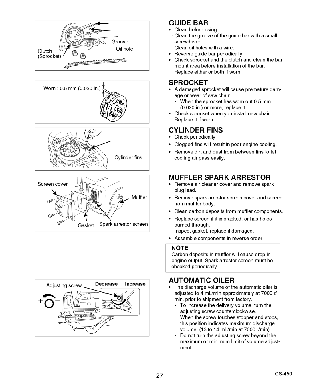 Echo 2CS-450 instruction manual Guide BAR, Sprocket, Cylinder Fins, Muffler Spark Arrestor, Automatic Oiler 