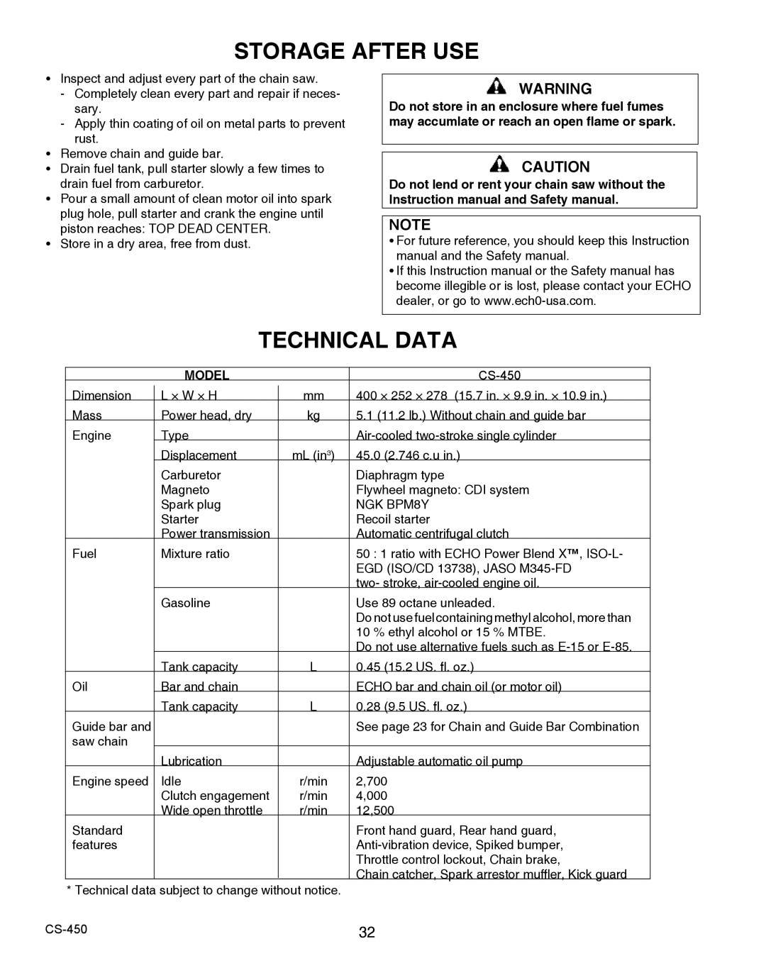 Echo 2CS-450 instruction manual Storage After USE, Technical Data 