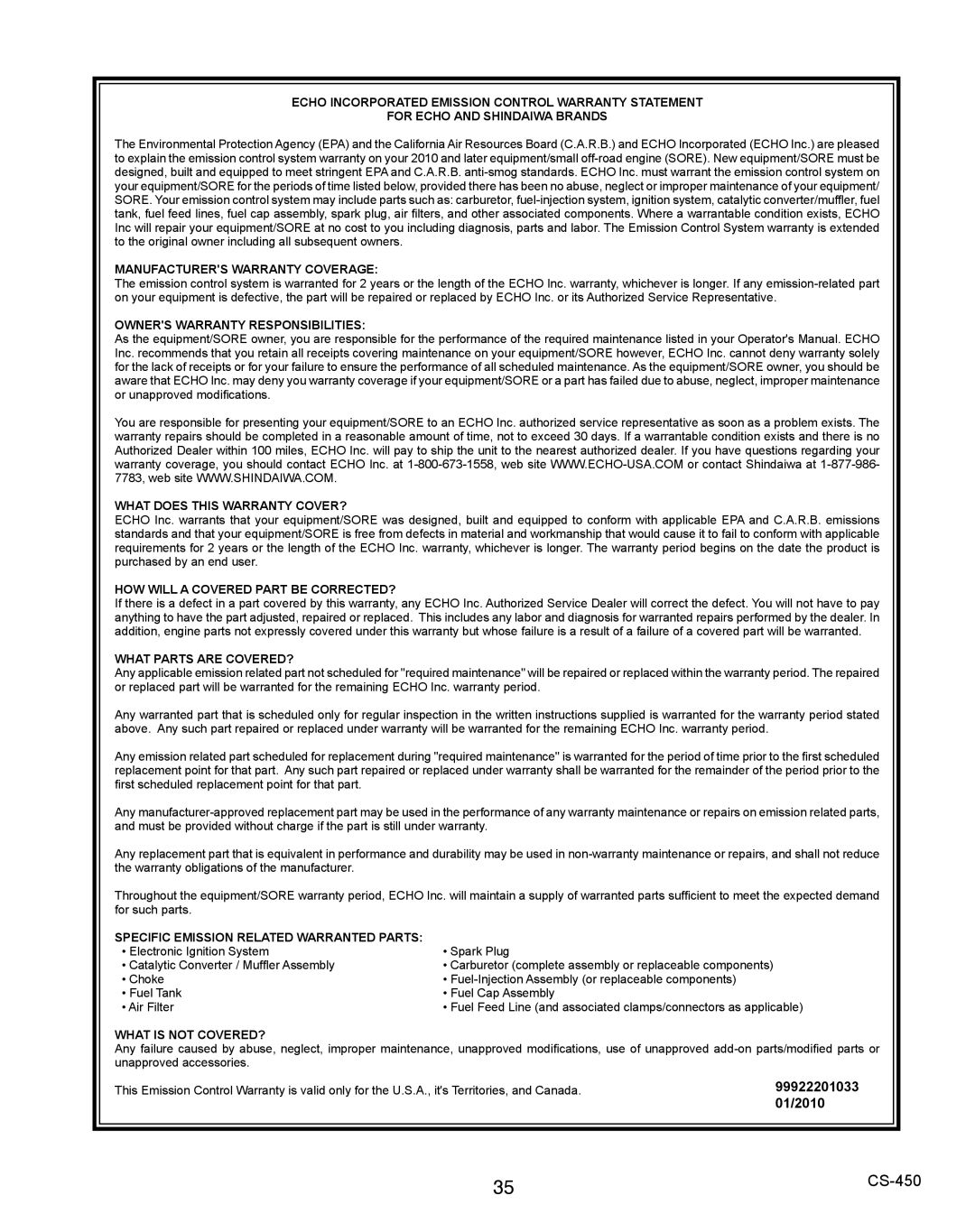 Echo 2CS-450 instruction manual 99922201033 