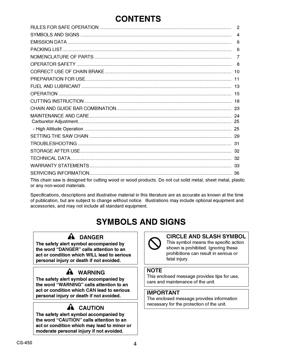 Echo 2CS-450 instruction manual Contents, Symbols and Signs 