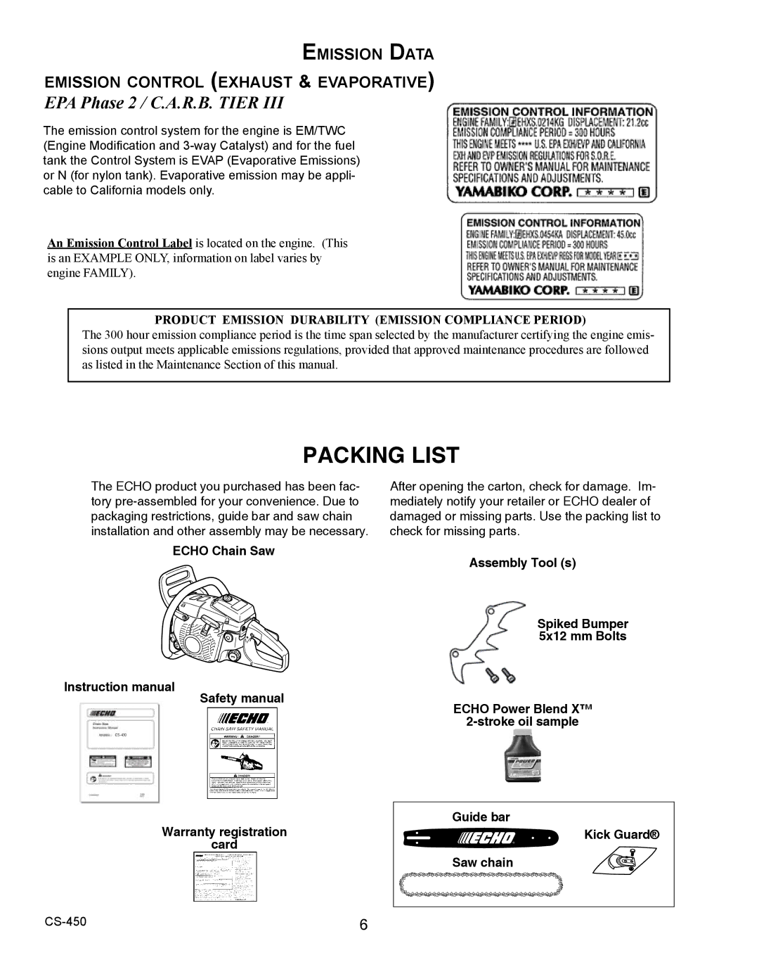 Echo 2CS-450 instruction manual Packing List, EPA Phase 2 / C.A.R.B. Tier 