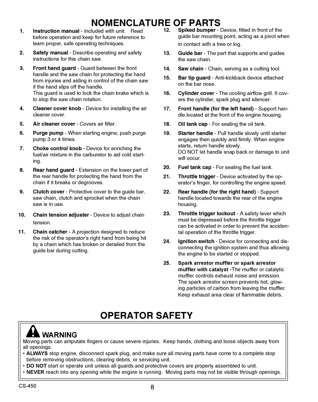 Echo 2CS-450 instruction manual Operator Safety, Front handle for the left hand Support han 