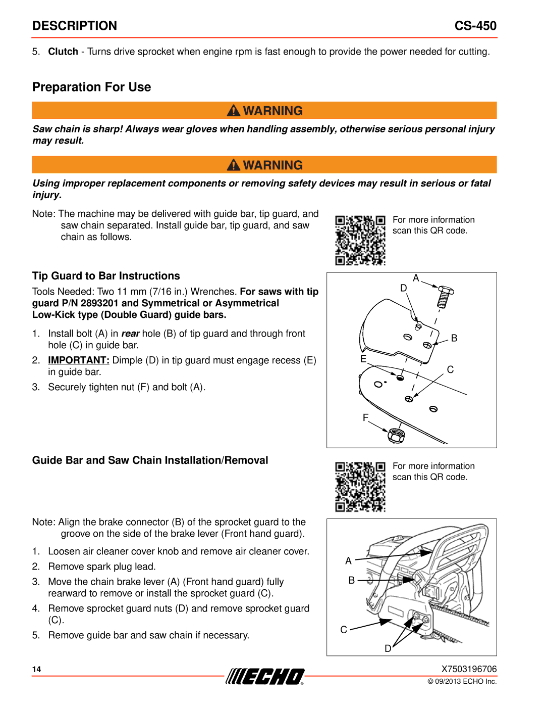 Echo CS-450 Preparation For Use, Tip Guard to Bar Instructions, Guide Bar and Saw Chain Installation/Removal 