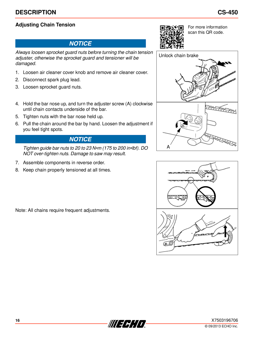 Echo CS-450 instruction manual Adjusting Chain Tension 