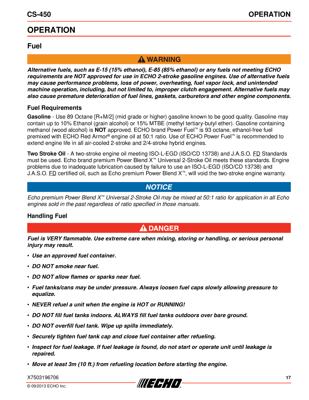 Echo CS-450 instruction manual Operation, Fuel Requirements, Handling Fuel 