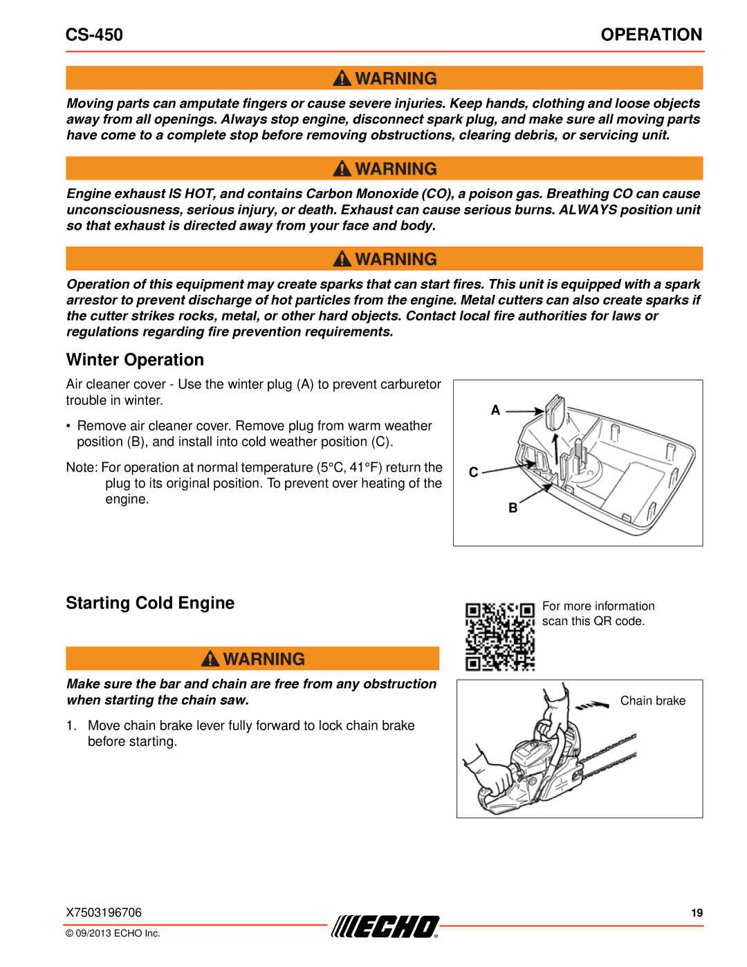 Echo CS-450 instruction manual Winter Operation, Starting Cold Engine 