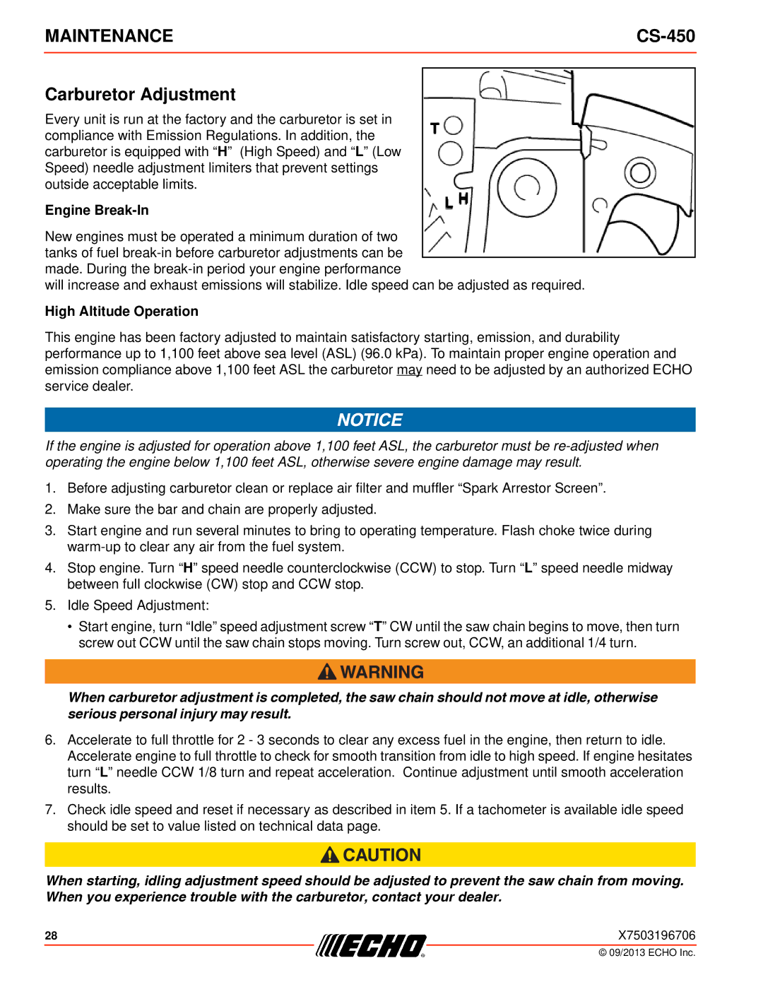 Echo CS-450 instruction manual Carburetor Adjustment, Engine Break-In 