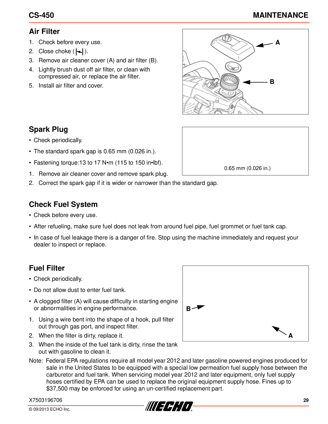 Echo CS-450 instruction manual Air Filter, Spark Plug, Check Fuel System, Fuel Filter 