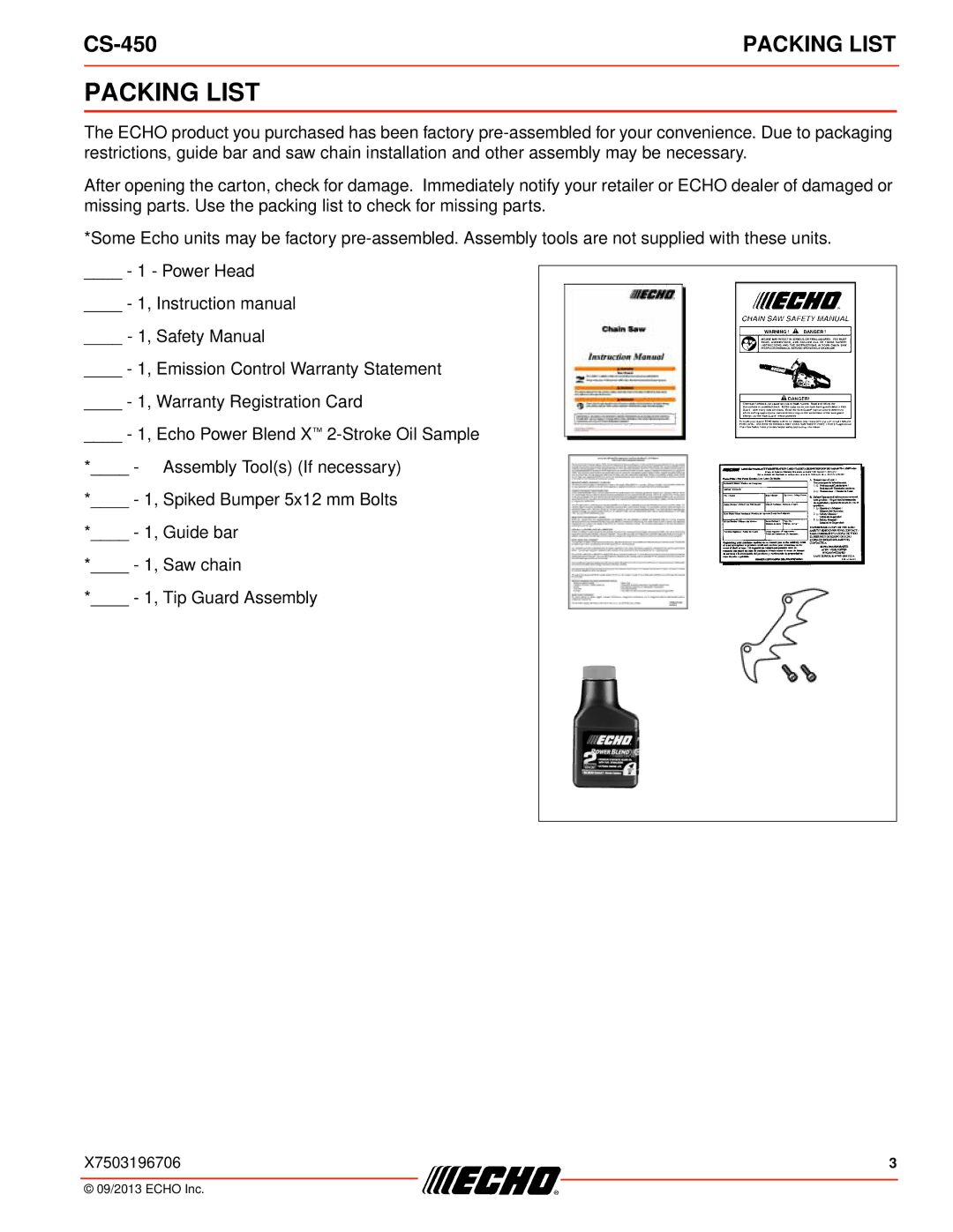 Echo CS-450 instruction manual Packing List 