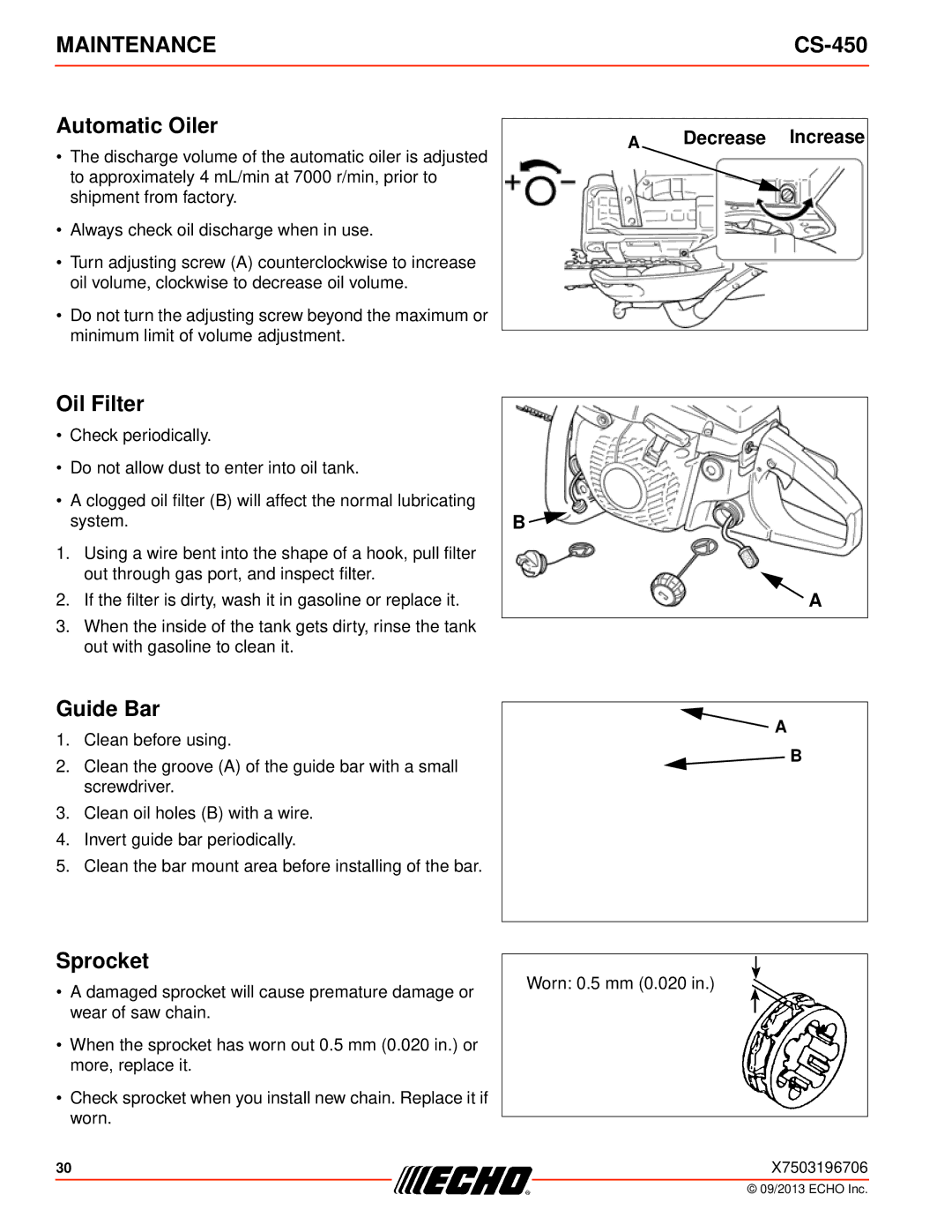 Echo CS-450 instruction manual Automatic Oiler, Oil Filter, Sprocket, Decrease Increase 