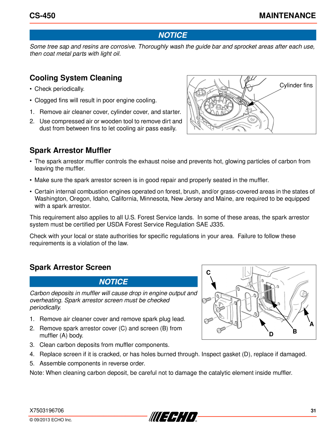 Echo CS-450 instruction manual Cooling System Cleaning, Spark Arrestor Muffler, Spark Arrestor Screen 