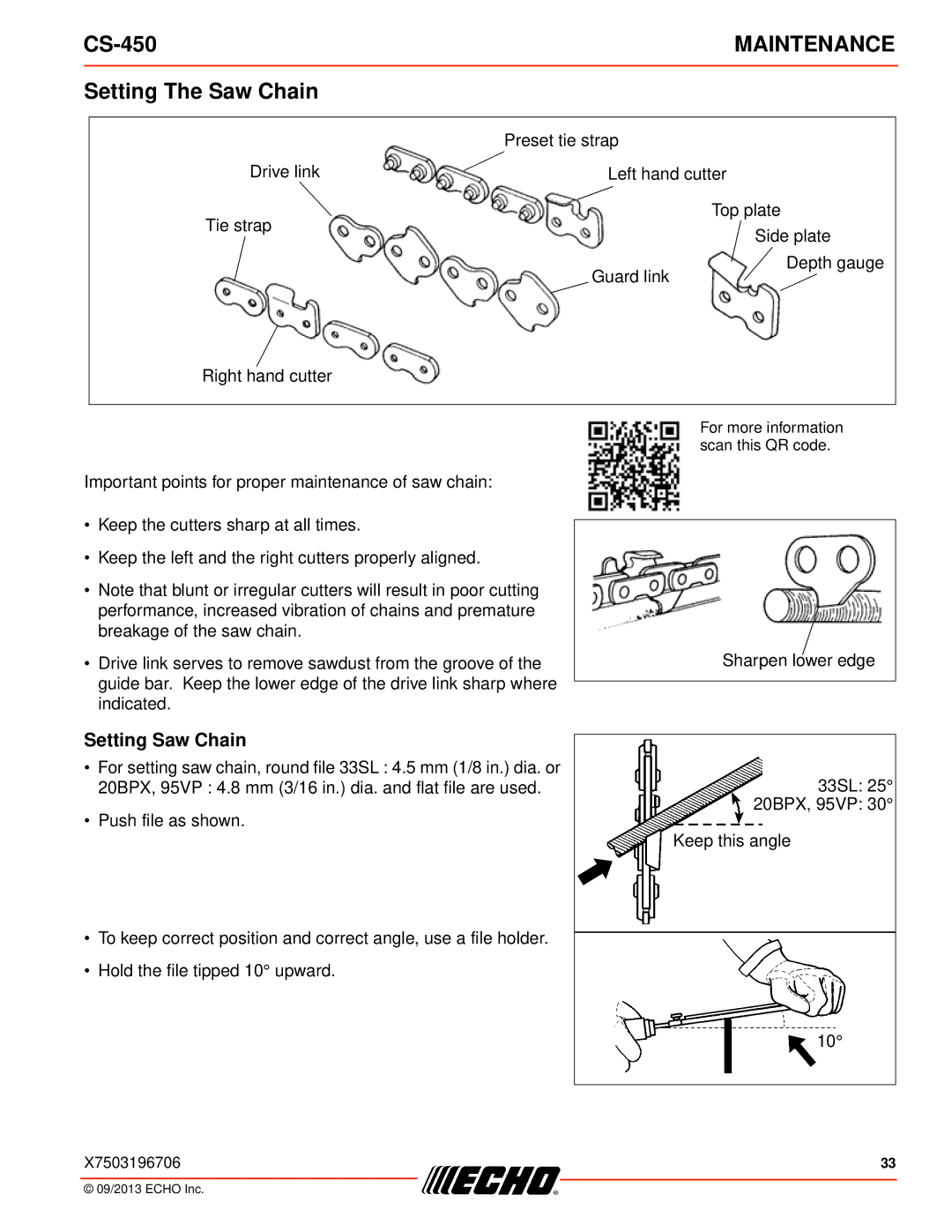 Echo CS-450 instruction manual Setting The Saw Chain, Setting Saw Chain 