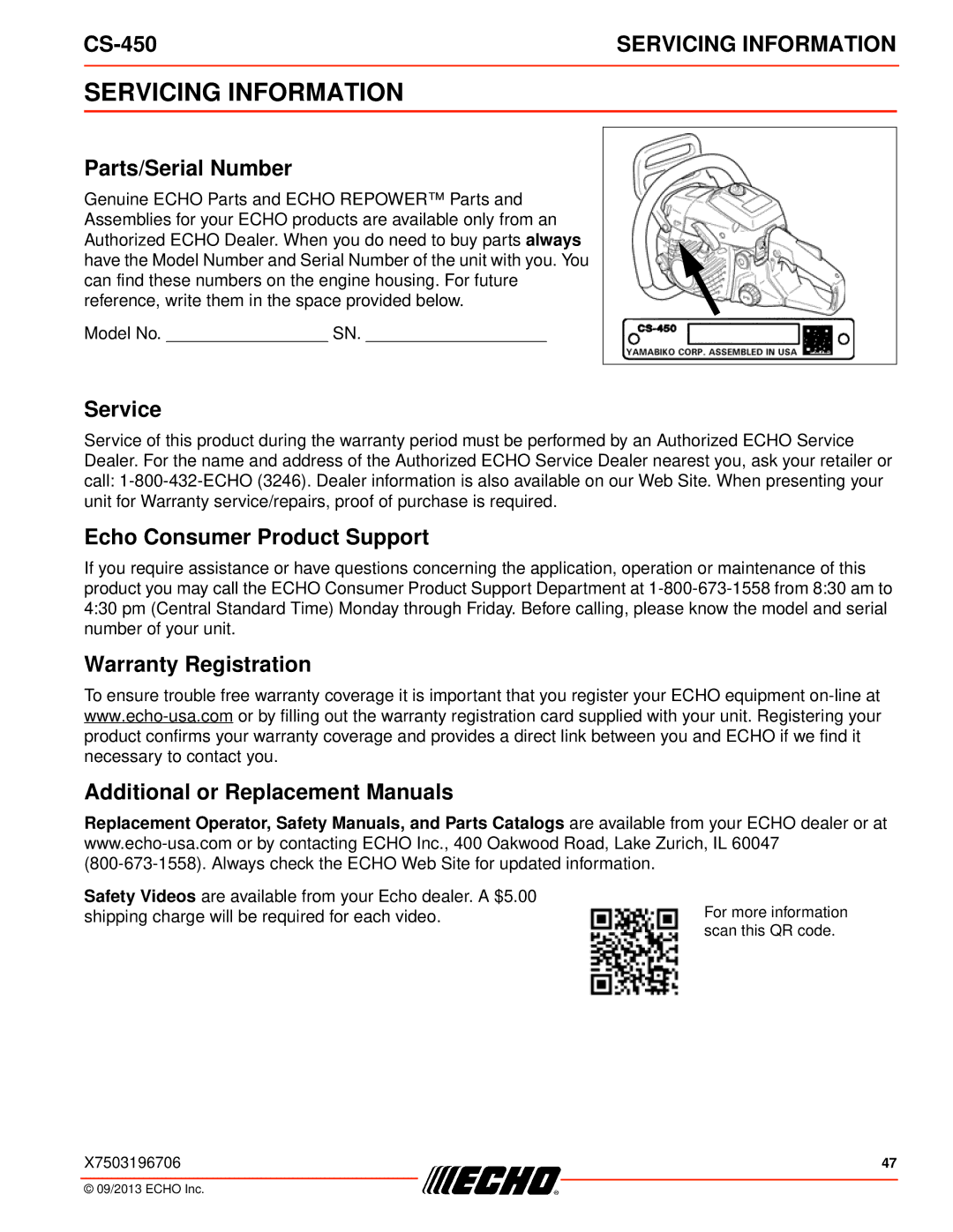 Echo CS-450 instruction manual Servicing Information, Parts/Serial Number, Service, Echo Consumer Product Support 