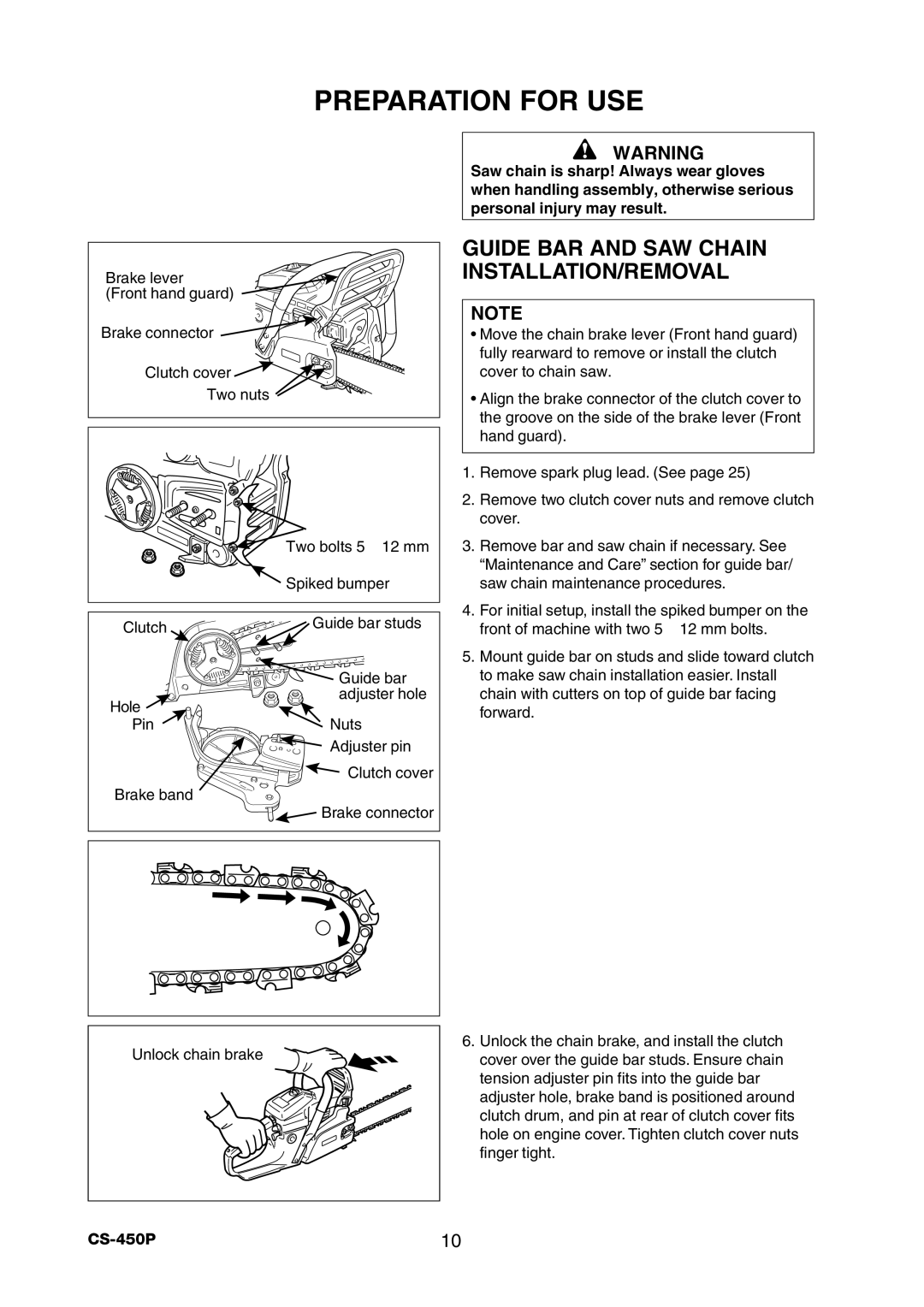 Echo CS-450P manual Preparation for USE, Guide BAR and SAW Chain INSTALLATION/REMOVAL 