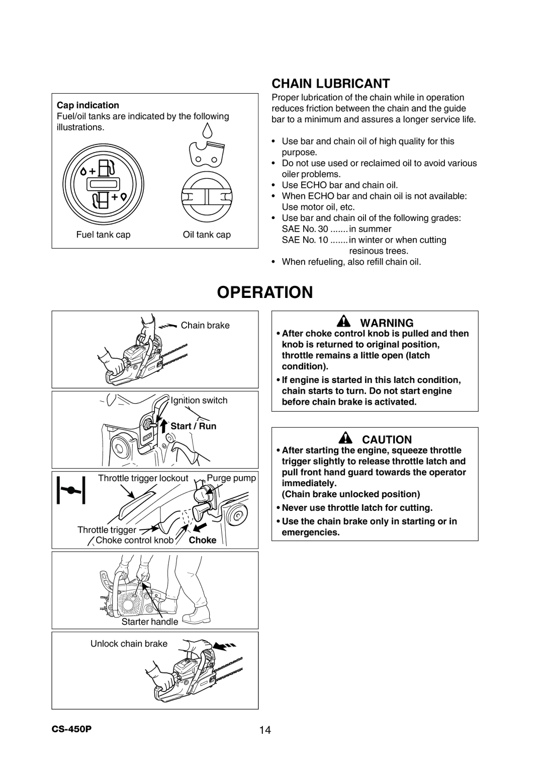 Echo CS-450P manual Operation, Chain Lubricant, Cap indication, Start / Run 