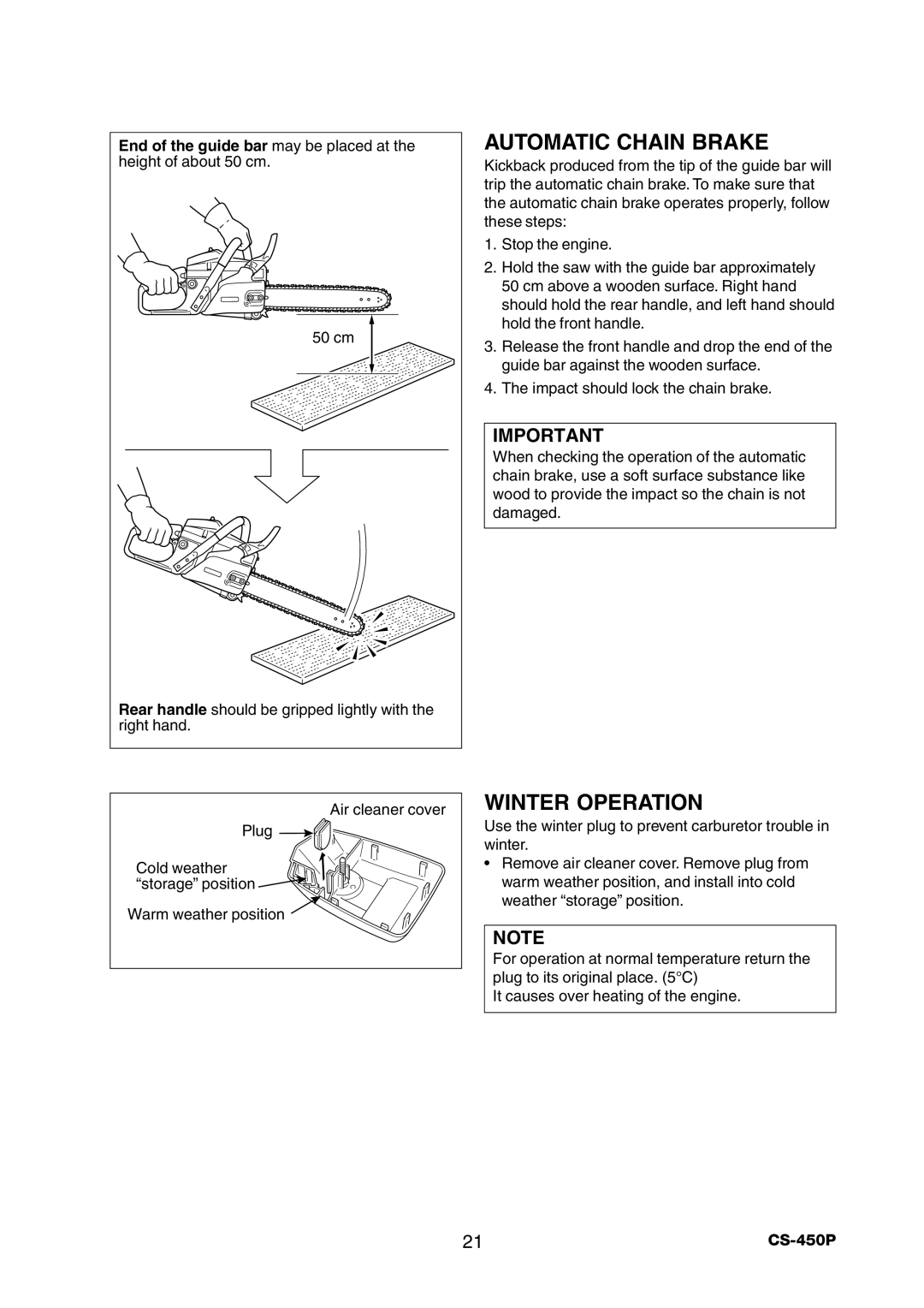 Echo CS-450P manual Automatic Chain Brake, Winter Operation 