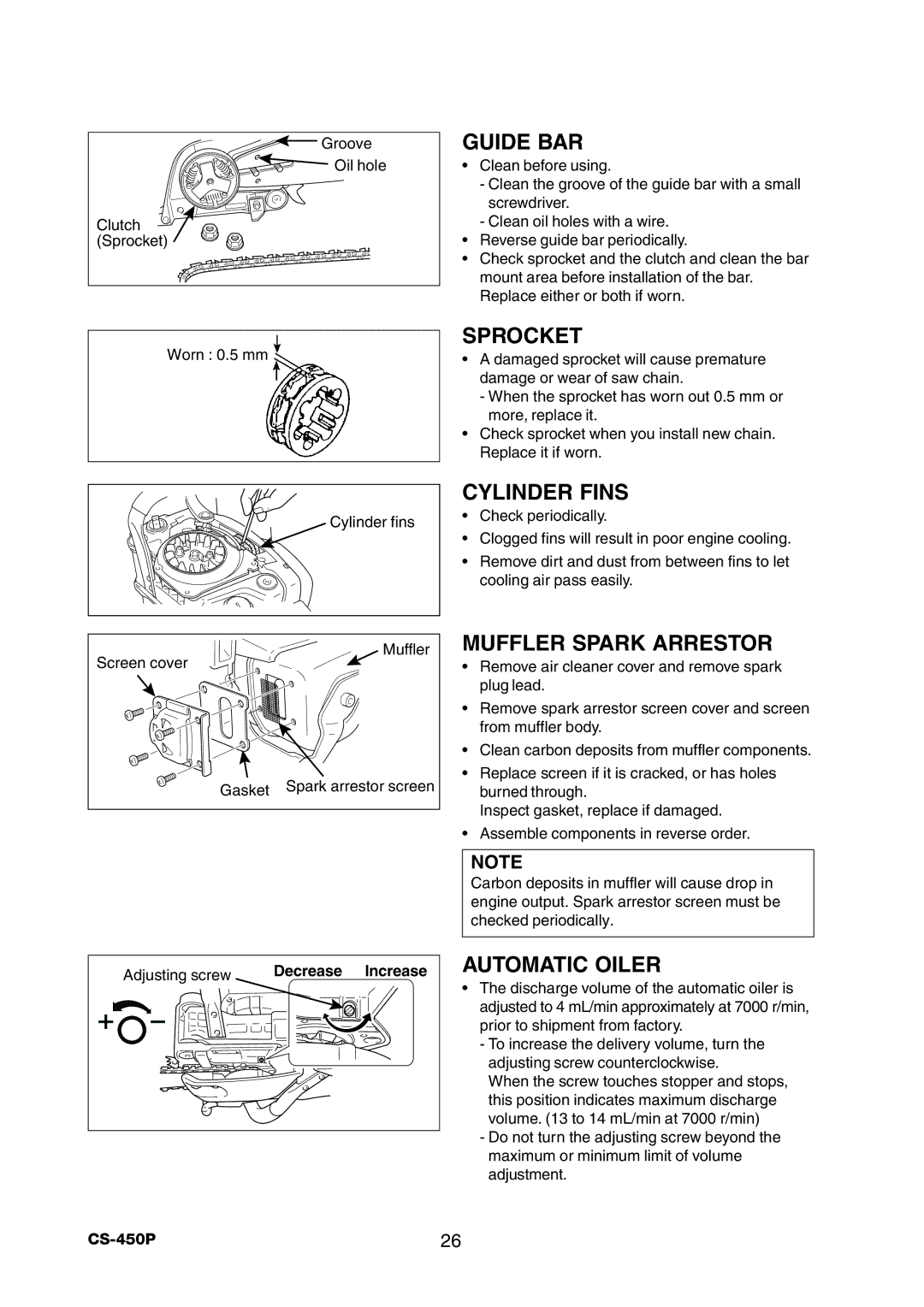 Echo CS-450P manual Sprocket, Cylinder Fins, Muffler Spark Arrestor, Automatic Oiler, Adjusting screw Decrease Increase 