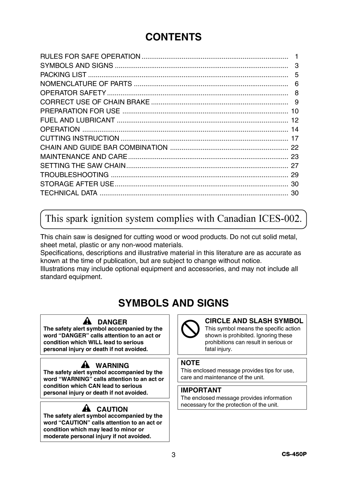 Echo CS-450P manual Contents, Symbols and Signs 