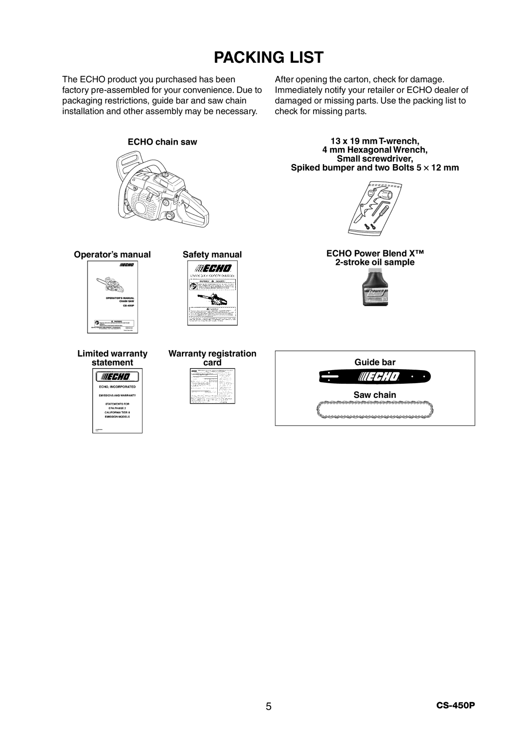 Echo CS-450P manual Packing List 