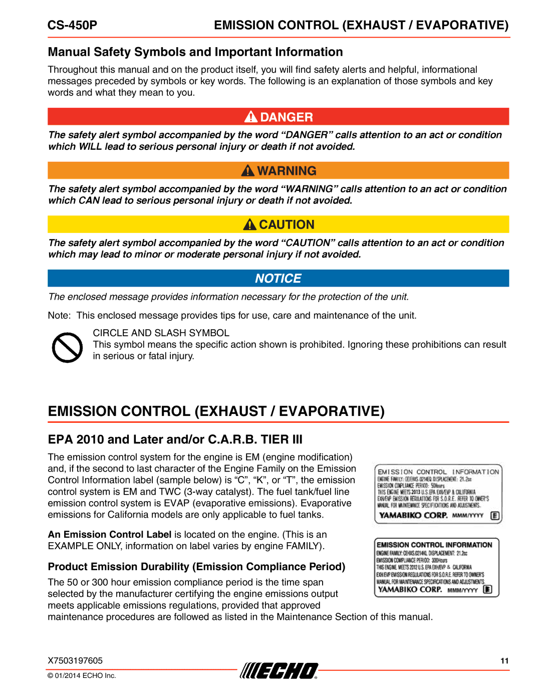 Echo CS-450P instruction manual Emission Control Exhaust / Evaporative, Manual Safety Symbols and Important Information 