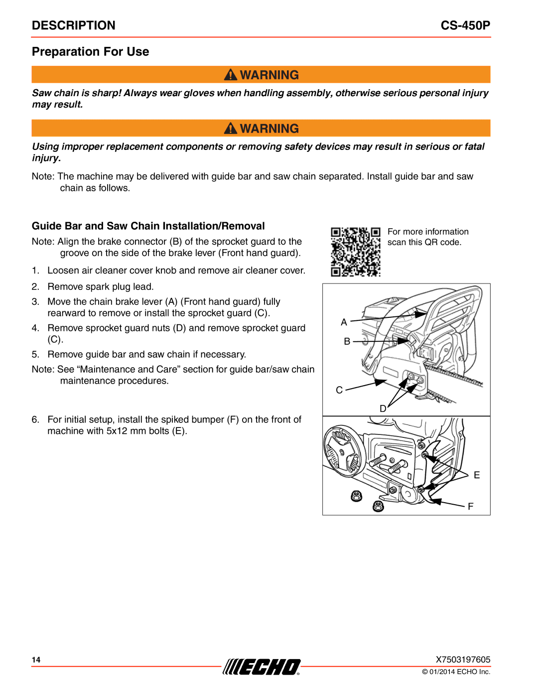 Echo CS-450P instruction manual Preparation For Use, Guide Bar and Saw Chain Installation/Removal 