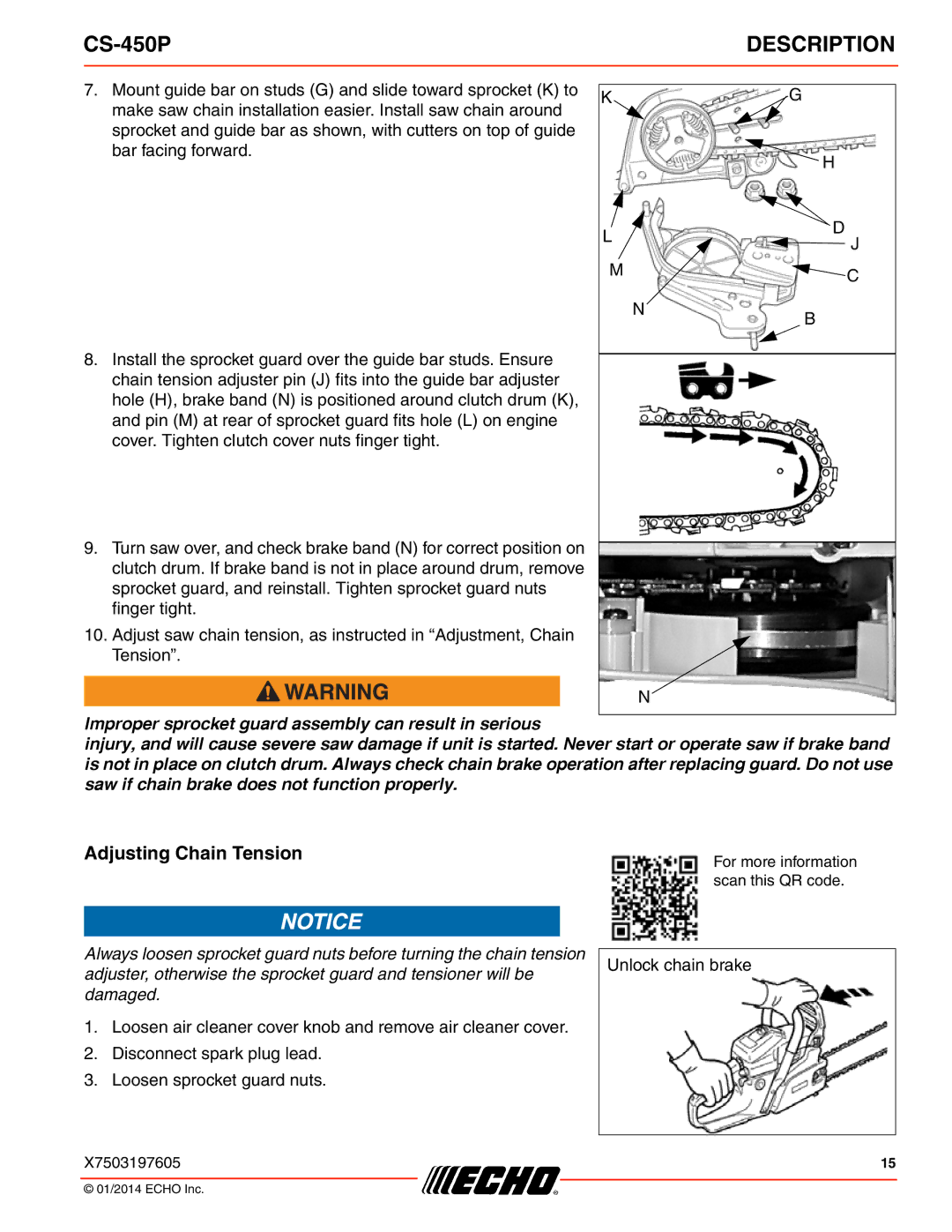 Echo CS-450P instruction manual Adjusting Chain Tension 