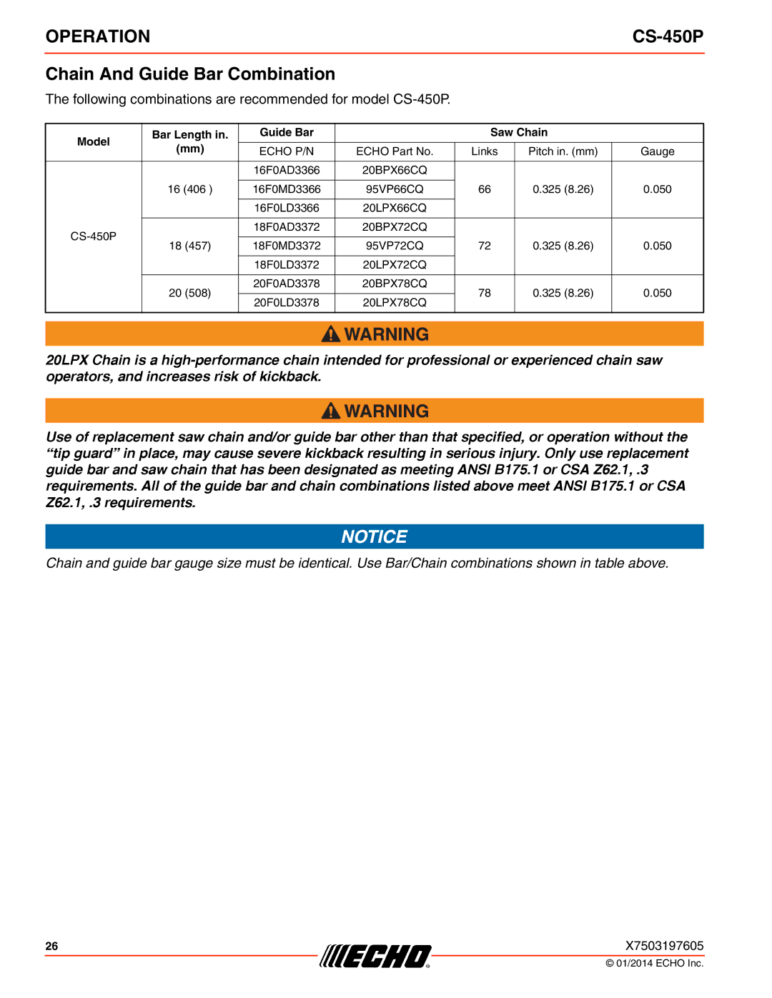 Echo instruction manual Chain And Guide Bar Combination, Following combinations are recommended for model CS-450P 