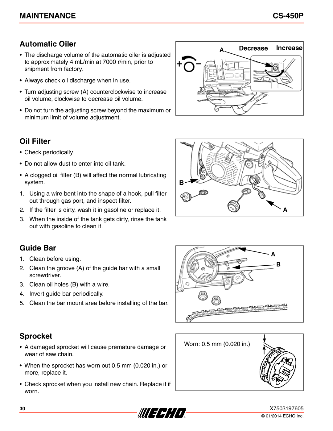 Echo CS-450P instruction manual Automatic Oiler, Oil Filter, Guide Bar, Sprocket, Decrease Increase 