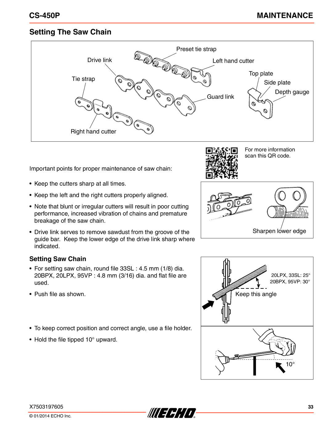 Echo CS-450P instruction manual Setting The Saw Chain, Setting Saw Chain 