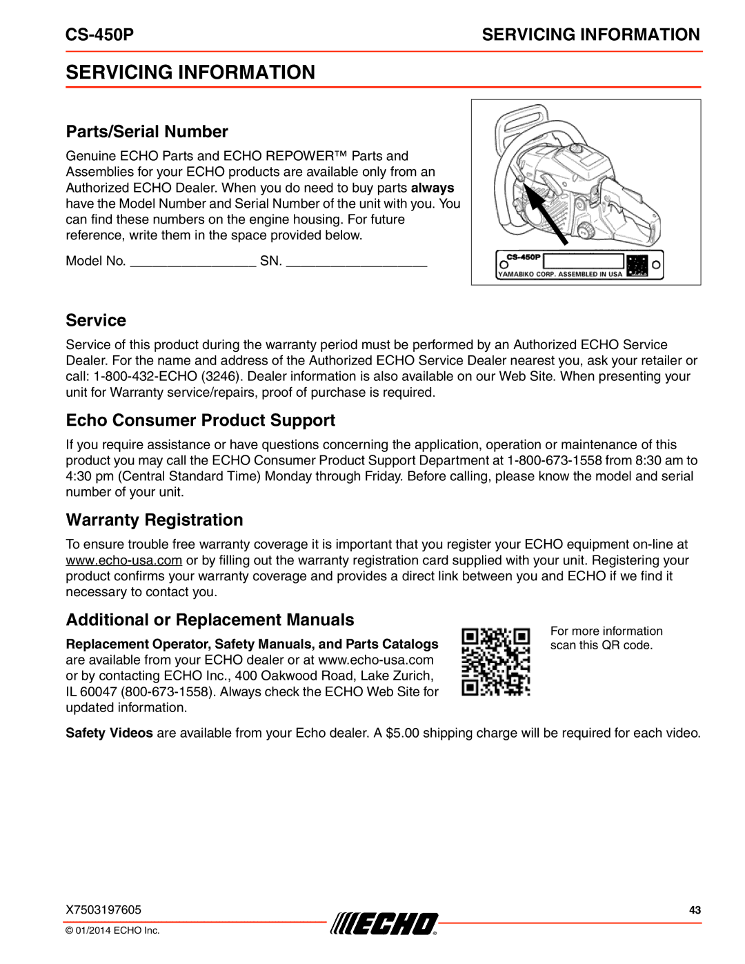 Echo CS-450P instruction manual Servicing Information, Parts/Serial Number, Service, Echo Consumer Product Support 