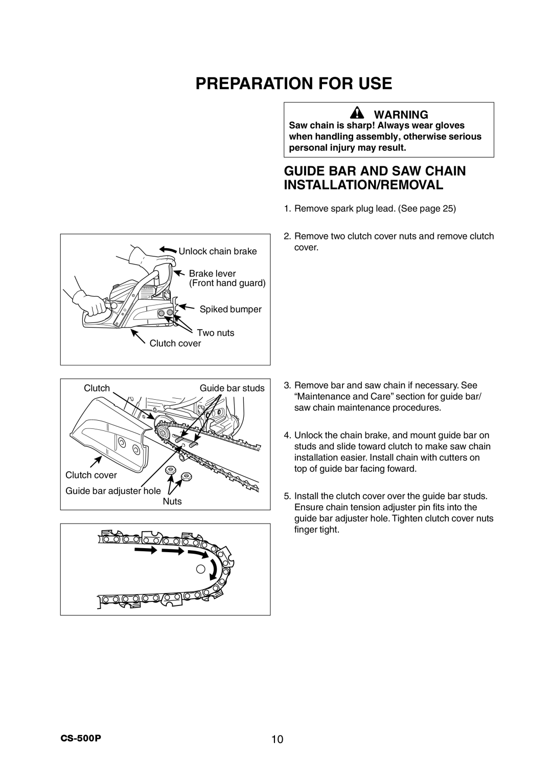 Echo CS-500P instruction manual Preparation for USE, Guide BAR and SAW Chain INSTALLATION/REMOVAL 