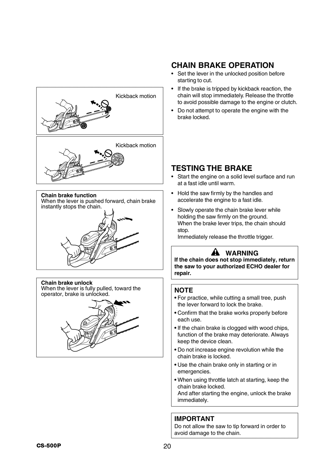 Echo CS-500P instruction manual Chain Brake Operation, Testing the Brake 