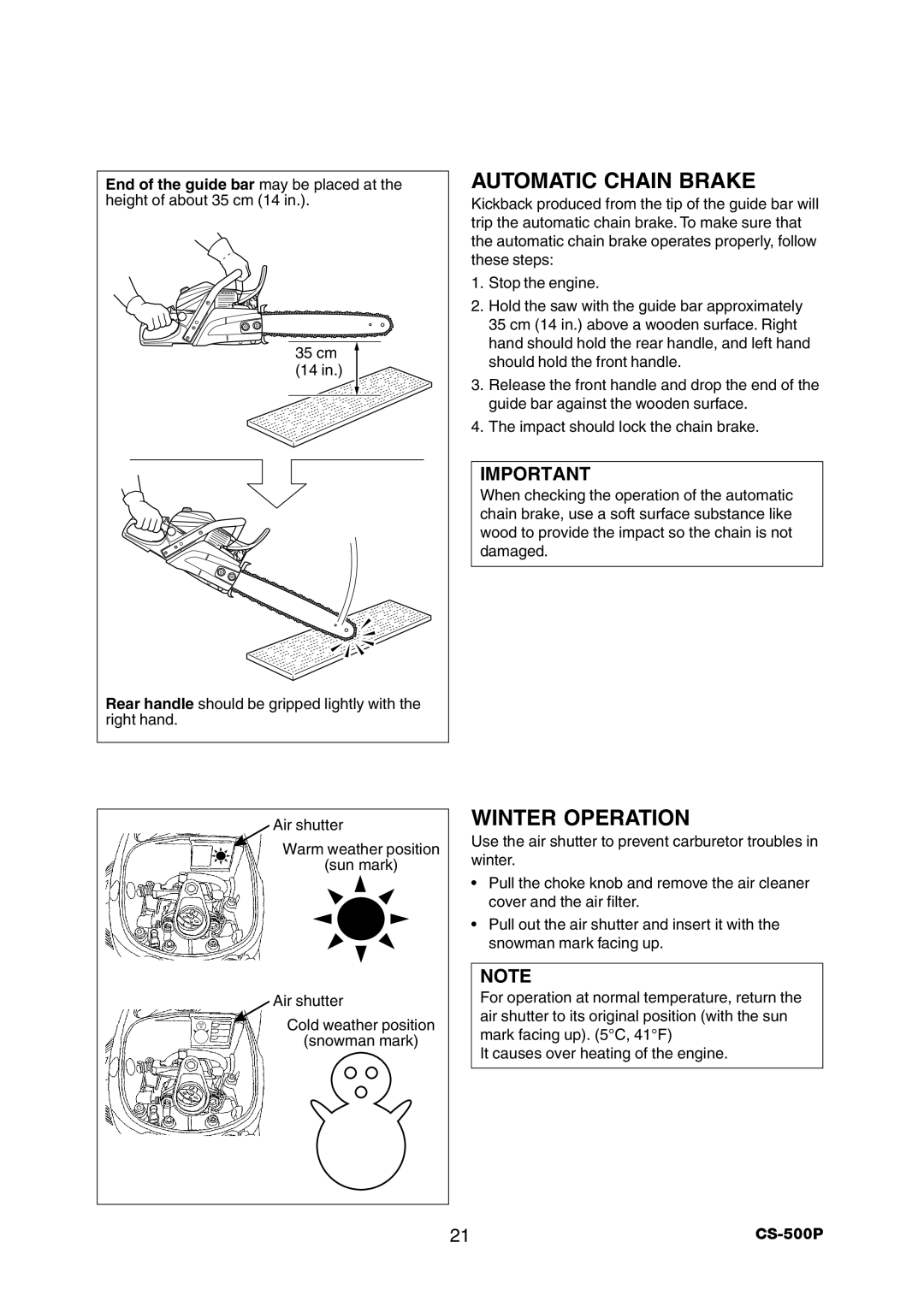 Echo CS-500P instruction manual Automatic Chain Brake, Winter Operation 