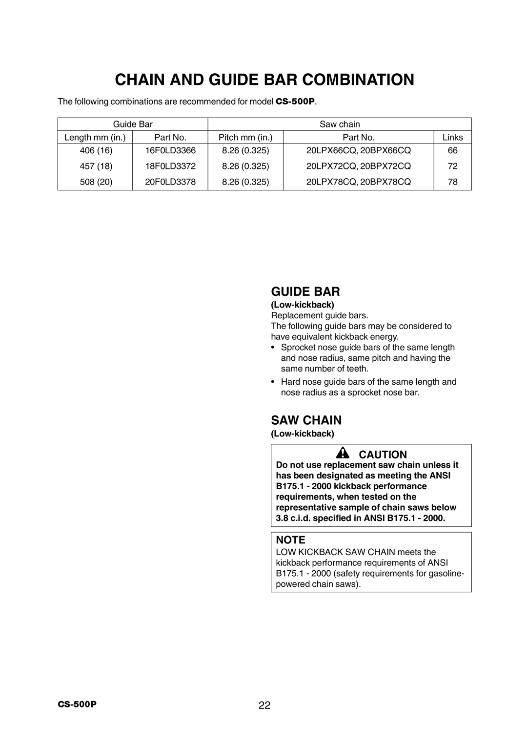 Echo CS-500P instruction manual Chain and Guide BAR Combination, SAW Chain 