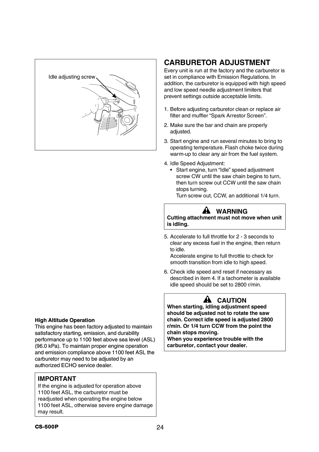 Echo CS-500P instruction manual Carburetor Adjustment, Cutting attachment must not move when unit is idling 