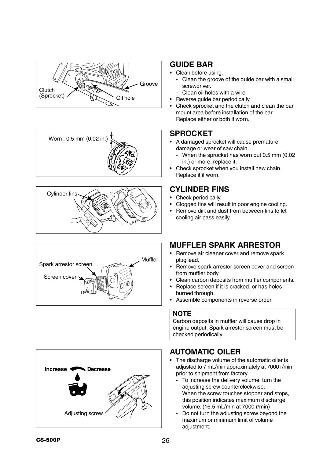 Echo CS-500P instruction manual Sprocket, Cylinder Fins, Muffler Spark Arrestor, Automatic Oiler 