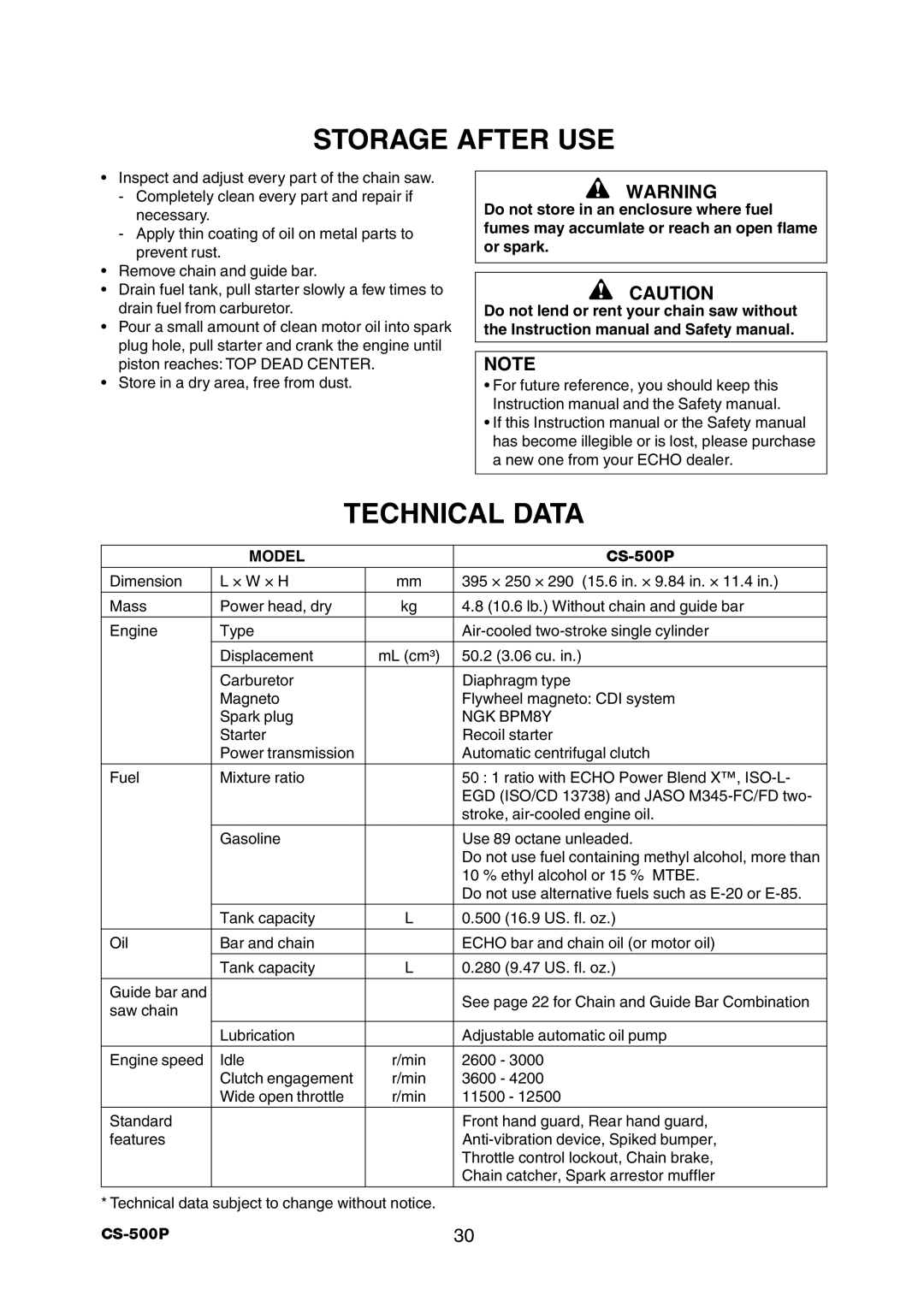 Echo CS-500P instruction manual Storage After USE, Technical Data 