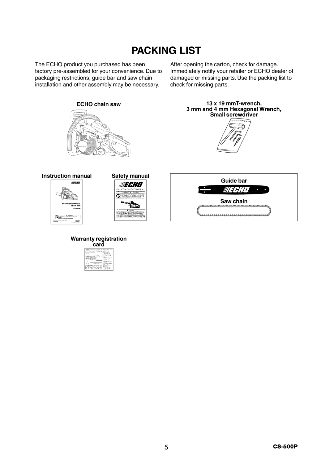 Echo CS-500P instruction manual Packing List 