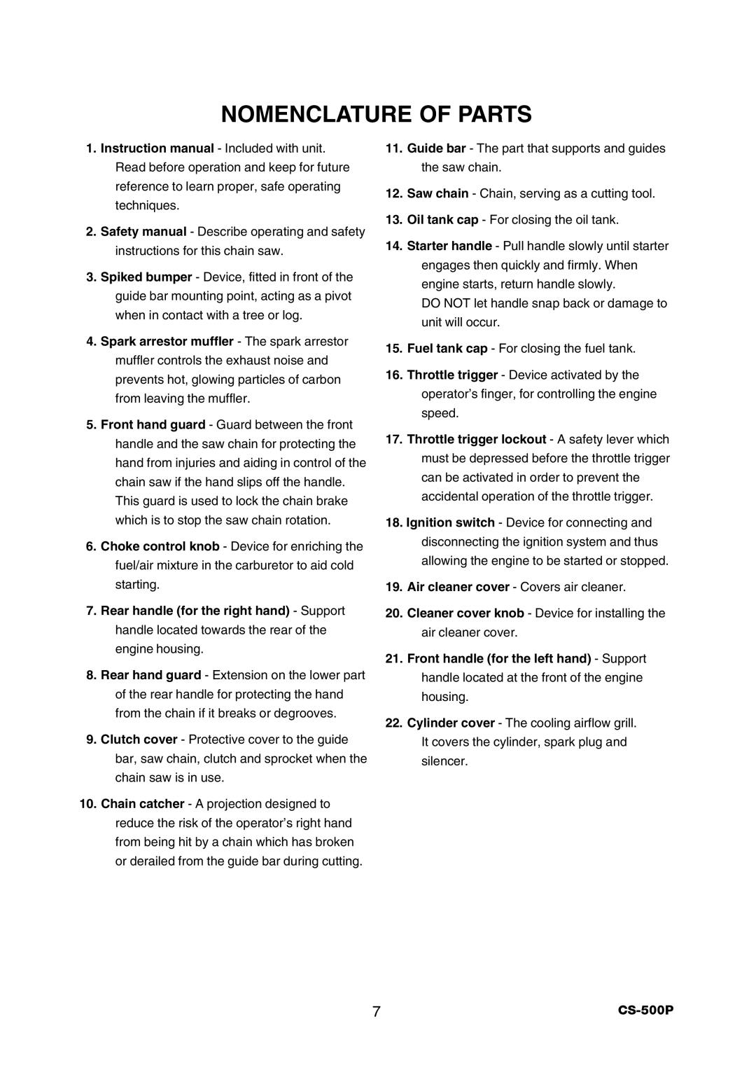 Echo CS-500P instruction manual Nomenclature of Parts 