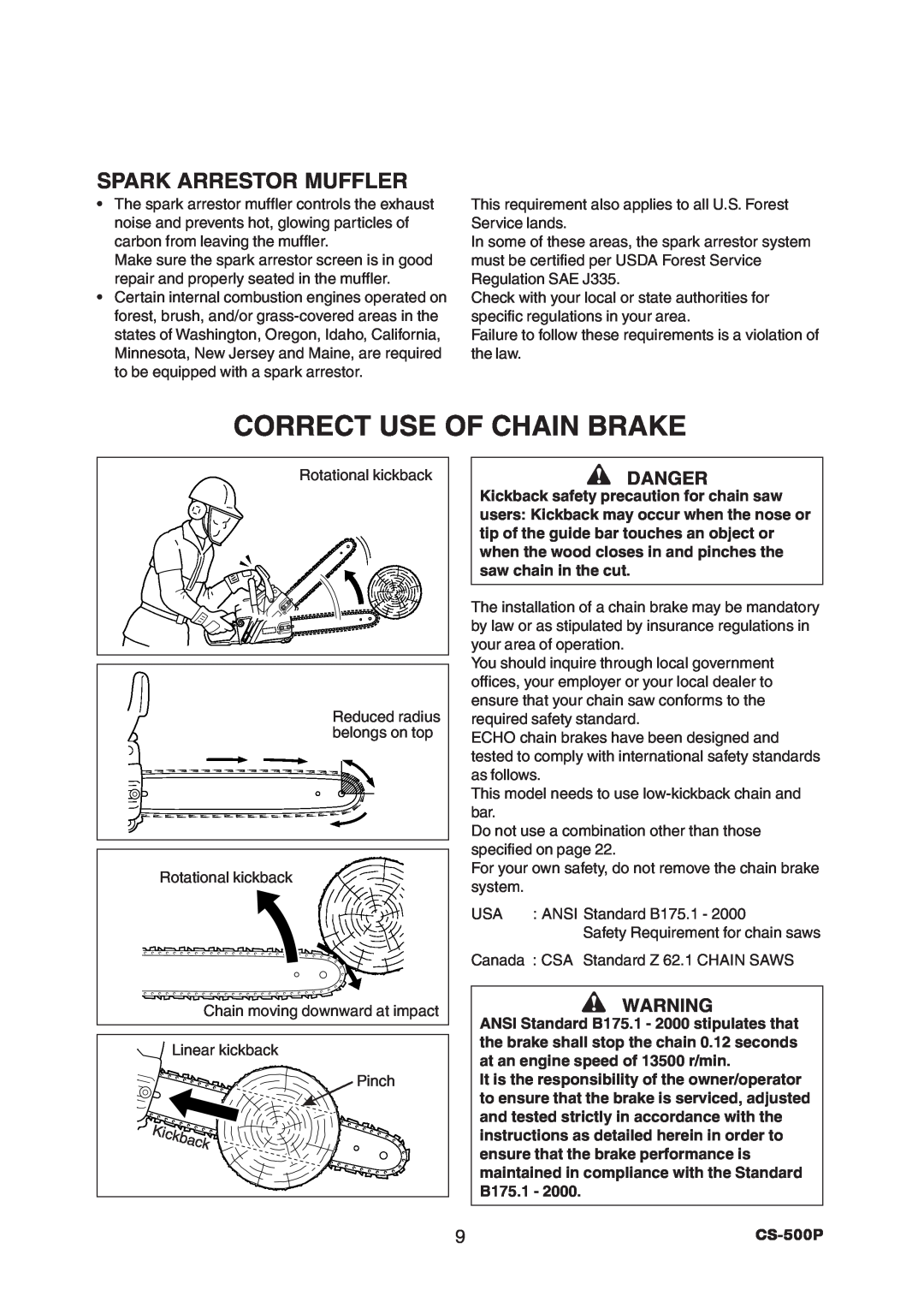 Echo CS-500P instruction manual Correct Use Of Chain Brake, Spark Arrestor Muffler, Danger 