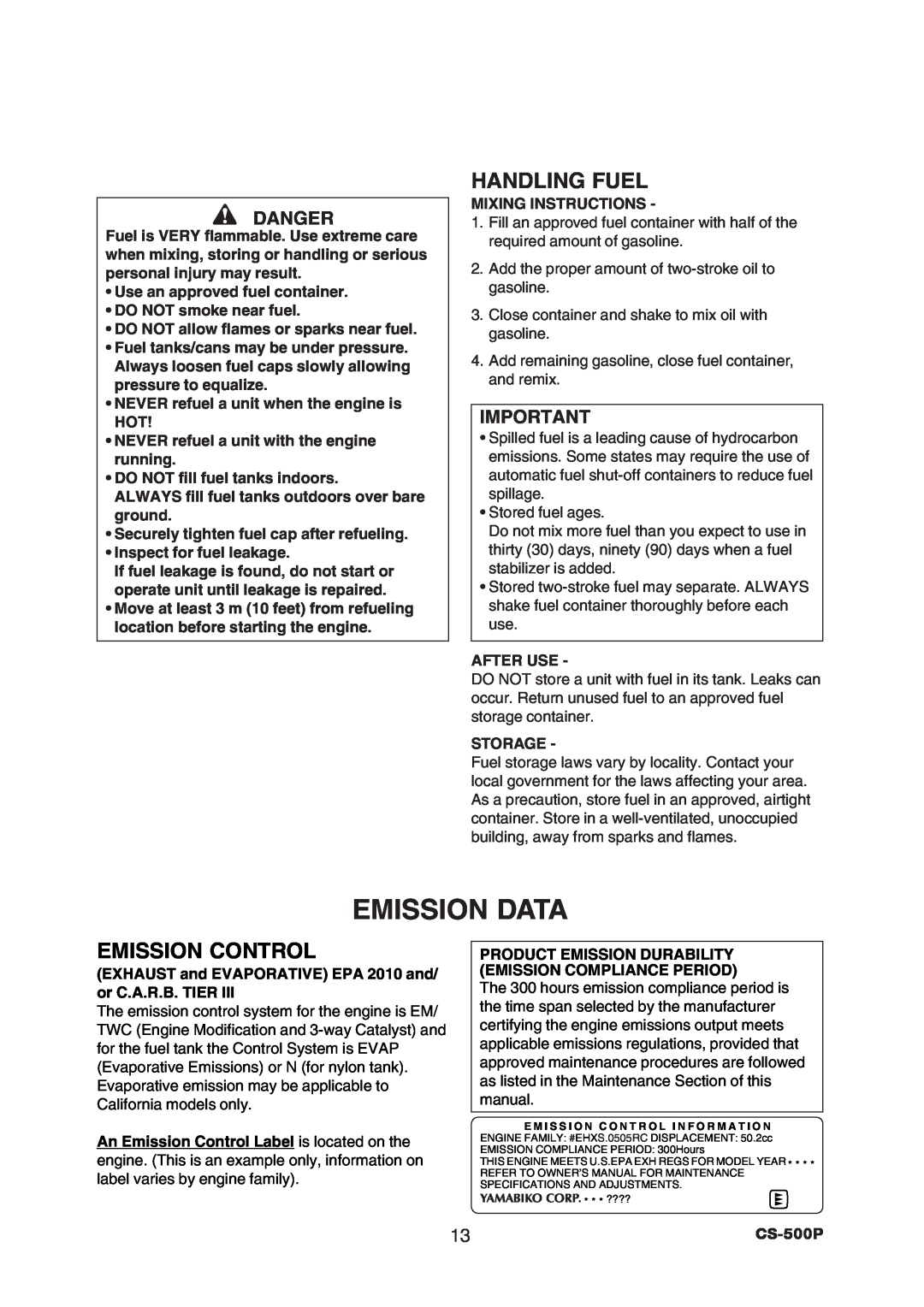 Echo CS-500P instruction manual Emission Data, Handling Fuel, Emission Control, Danger 