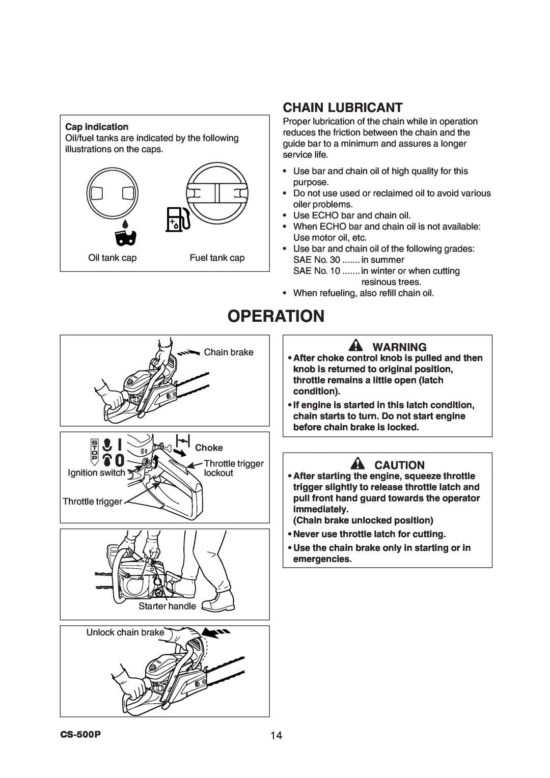 Echo CS-500P instruction manual Operation, Chain Lubricant 