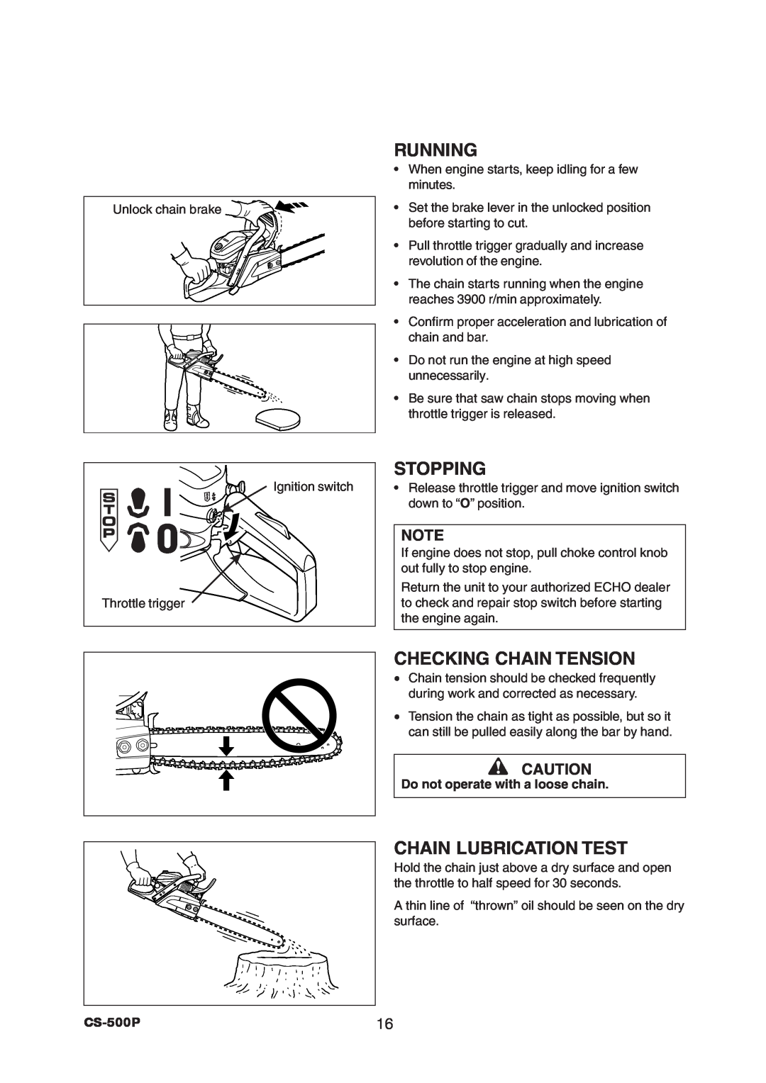 Echo CS-500P instruction manual Running, Stopping, Checking Chain Tension, Chain Lubrication Test 