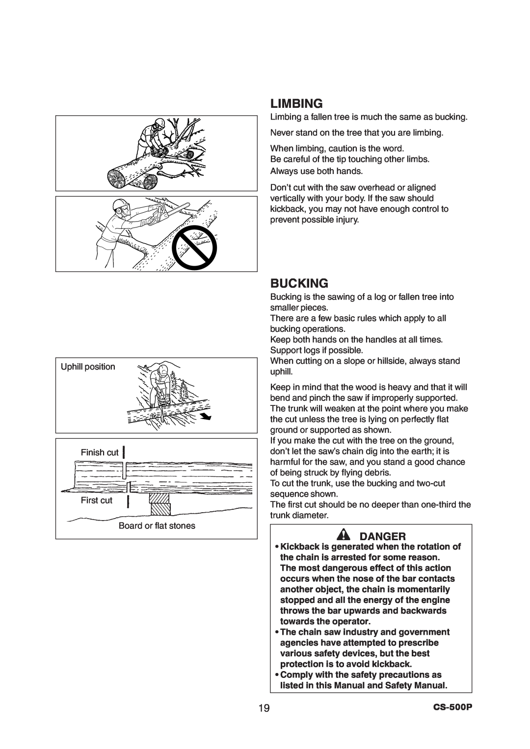 Echo CS-500P instruction manual Limbing, Bucking, Danger 