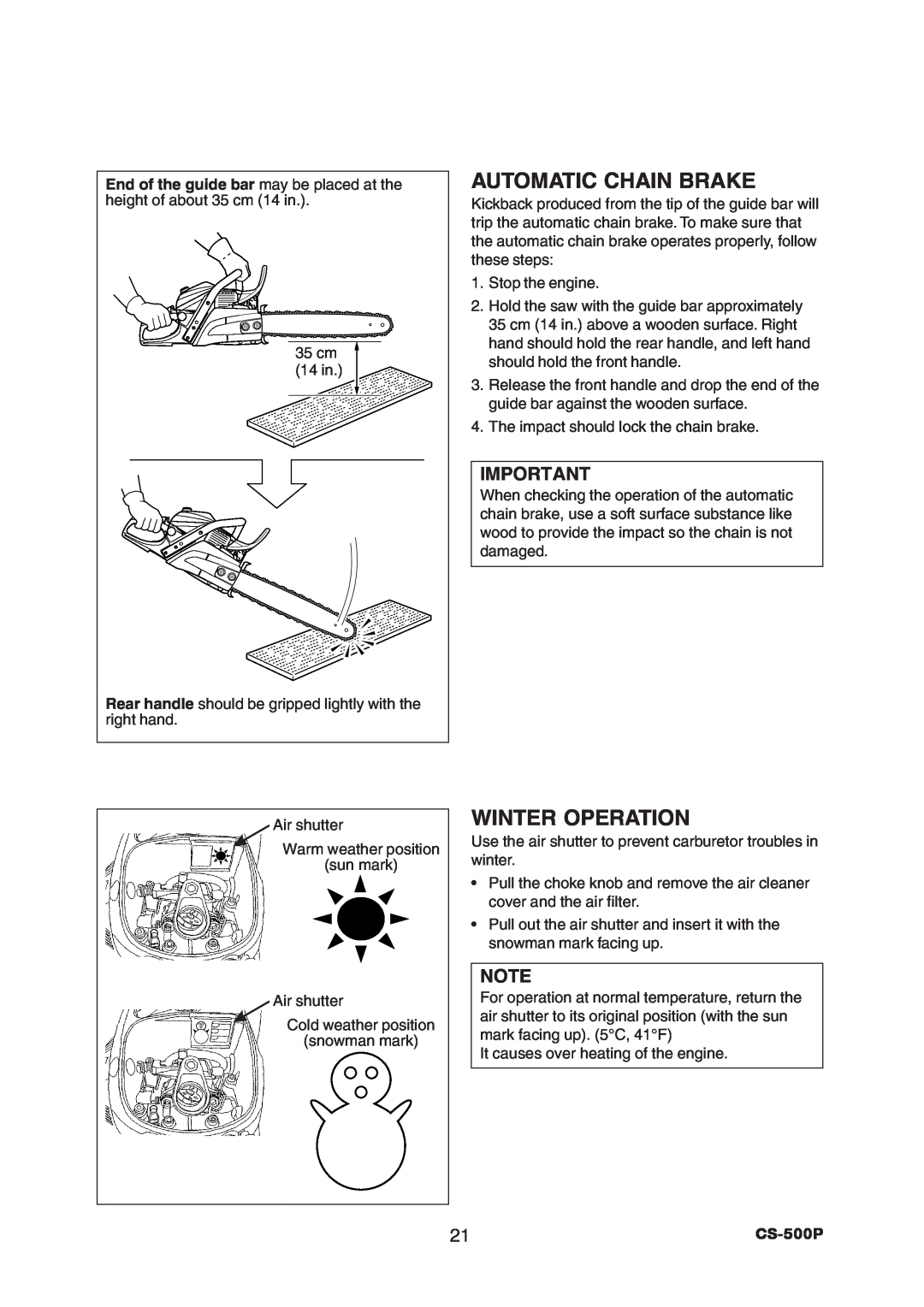 Echo CS-500P instruction manual Automatic Chain Brake, Winter Operation 