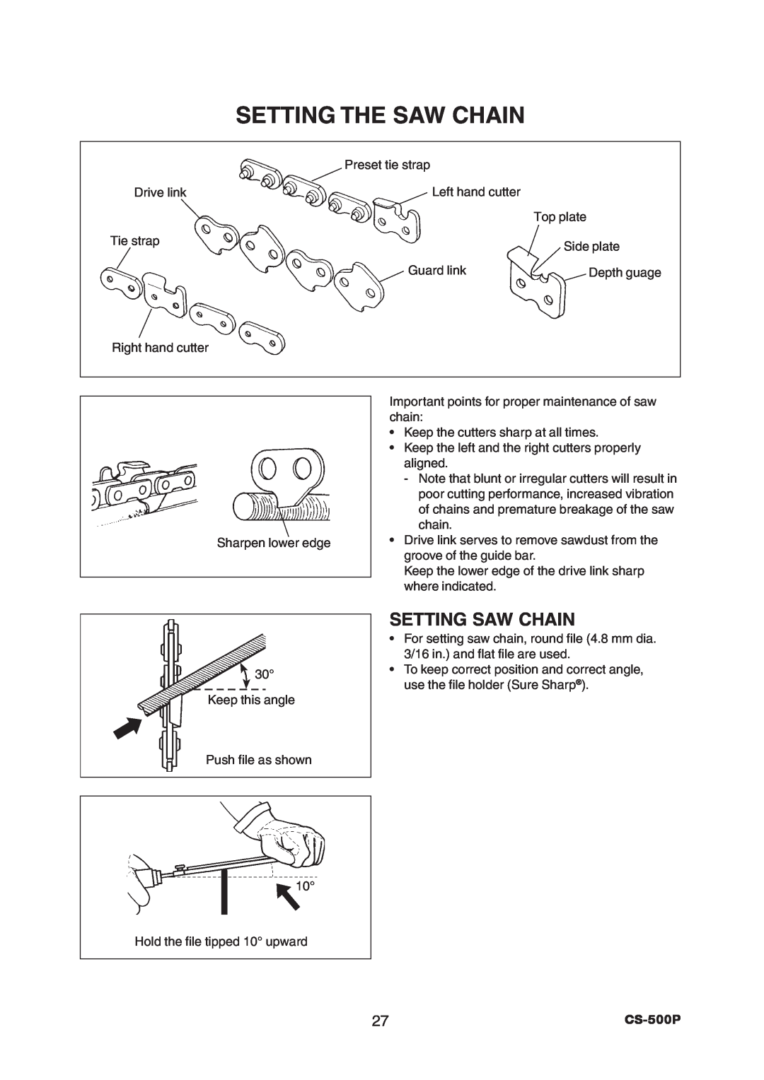 Echo CS-500P instruction manual Setting The Saw Chain, Setting Saw Chain 