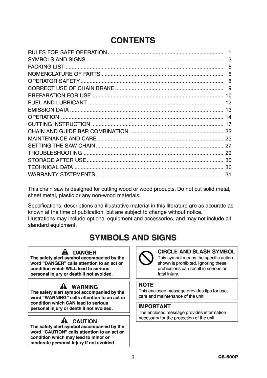 Echo CS-500P instruction manual Contents, Symbols And Signs, Danger, Circle And Slash Symbol 